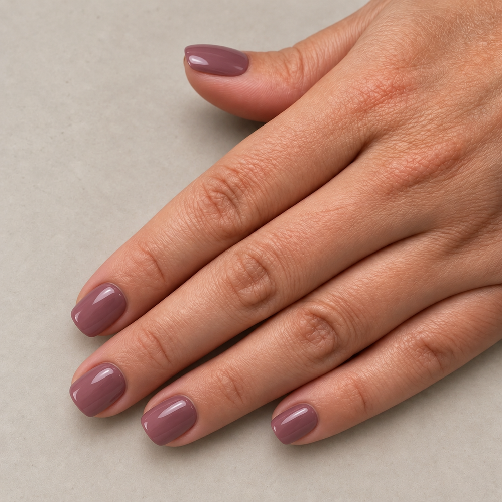Extra korte mauve press on nagels met afgerond vierkante vorm