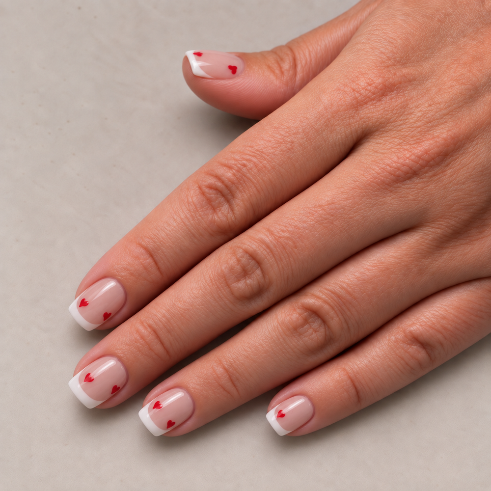 Heartbreaker korte French press on nagels met rode hartjes