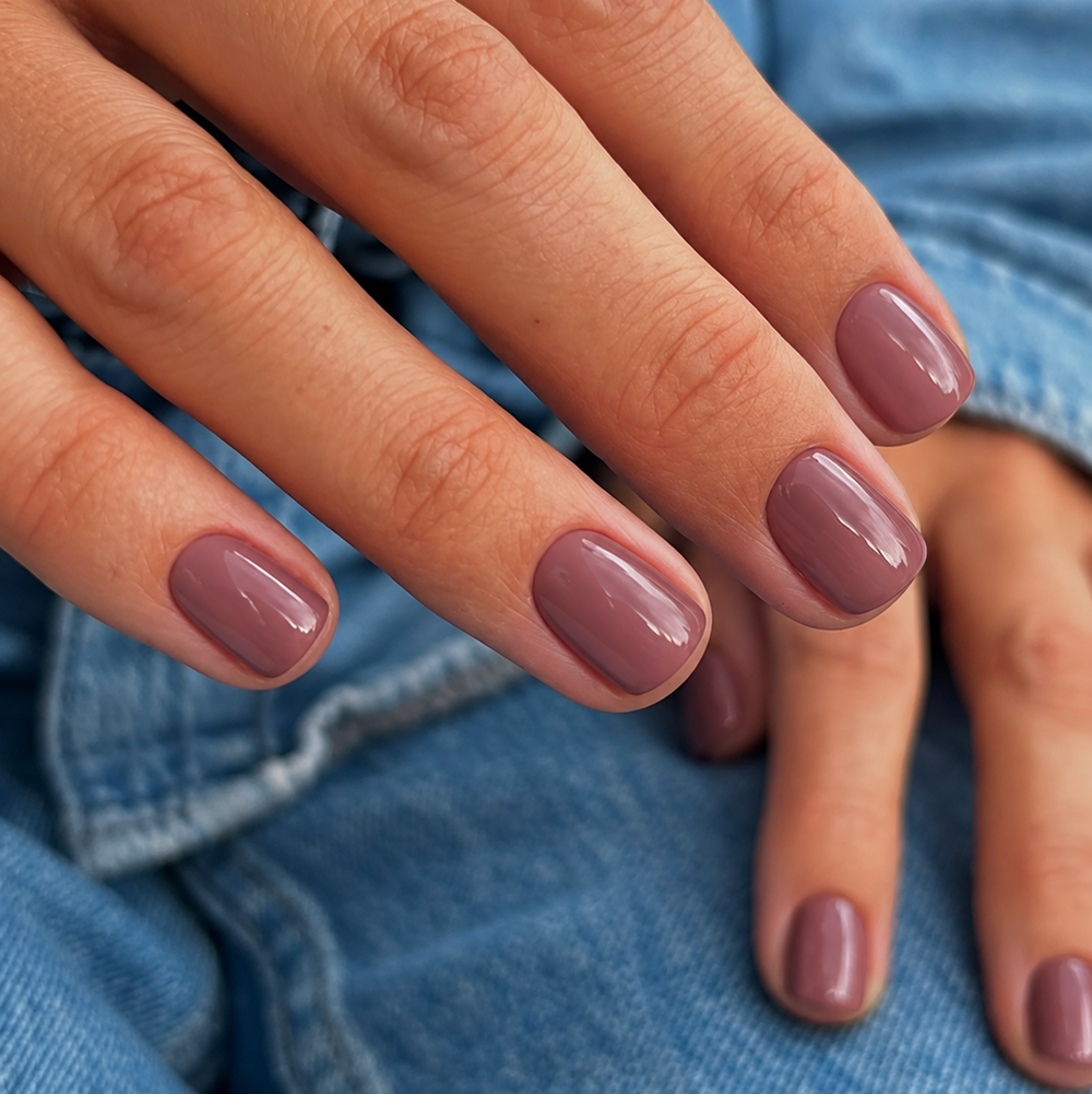 Extra korte mauve press on nagels met afgerond vierkante vorm